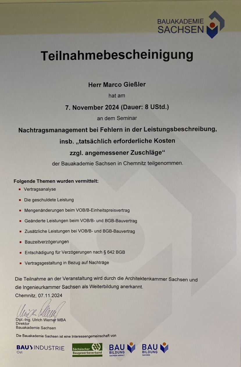 Teilnahmebescheinigung Nachtragsmanagement Bauakademie Sachsen